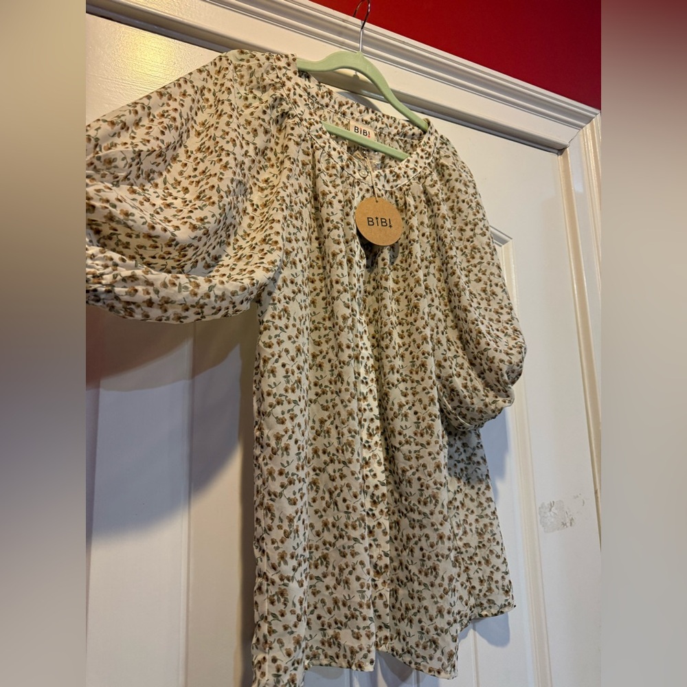 BiBi Beige and Brown Patterned Button Down Blouse… - image 1